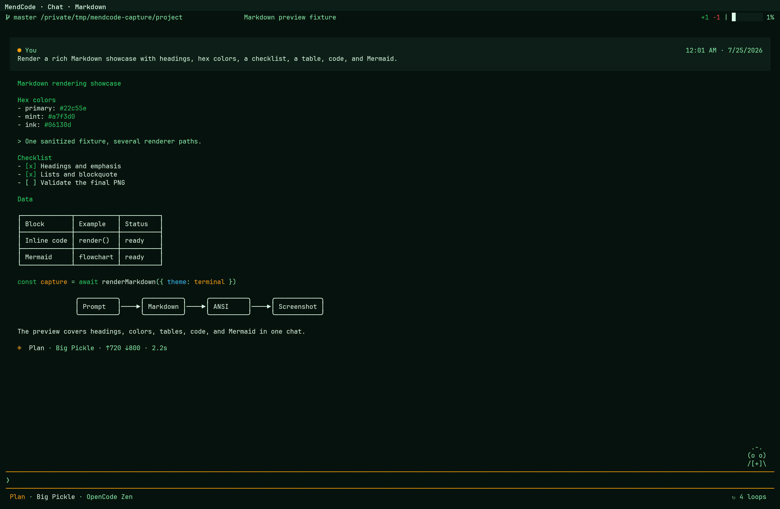 MendCode coding session with tools and terminal evidence