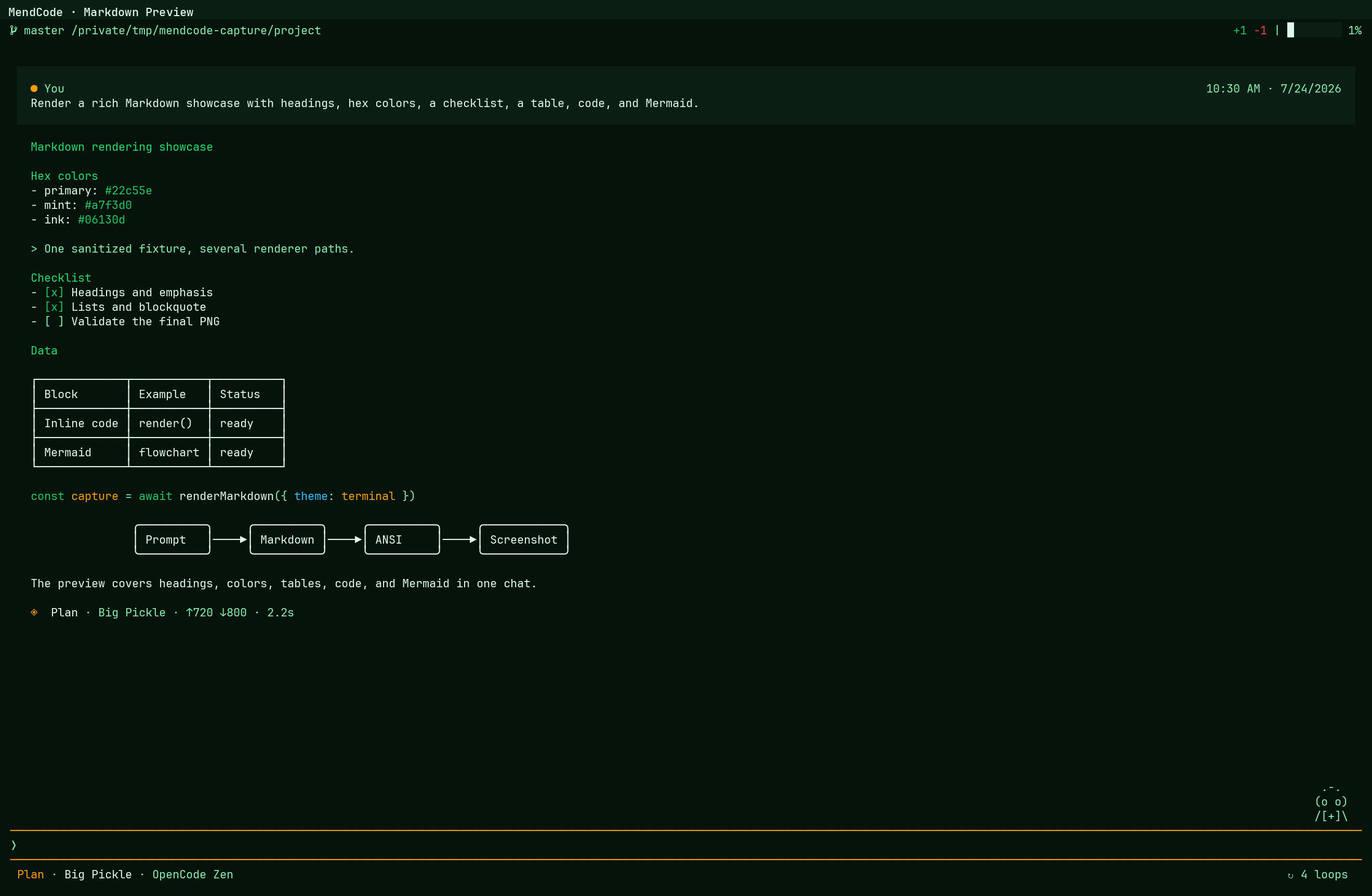 MendCode rendering project guidance and structured Markdown inside the terminal
