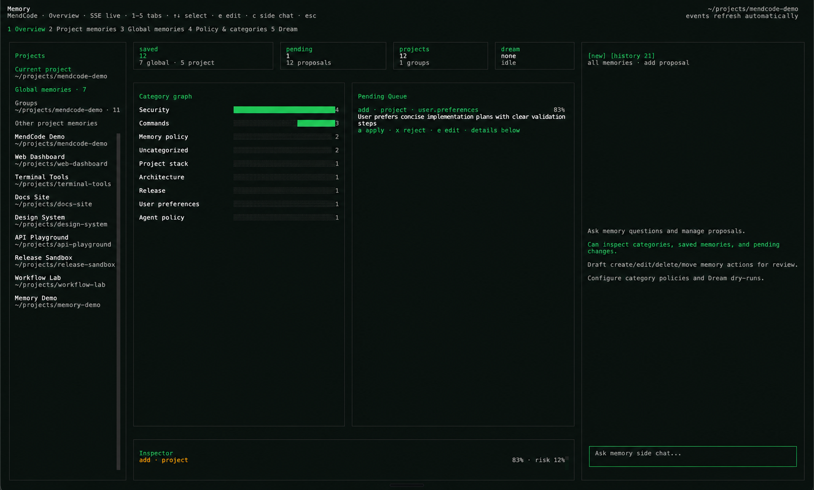 MendCode Memory Center with saved memories, pending proposals, category graph, Dream state, and side chat