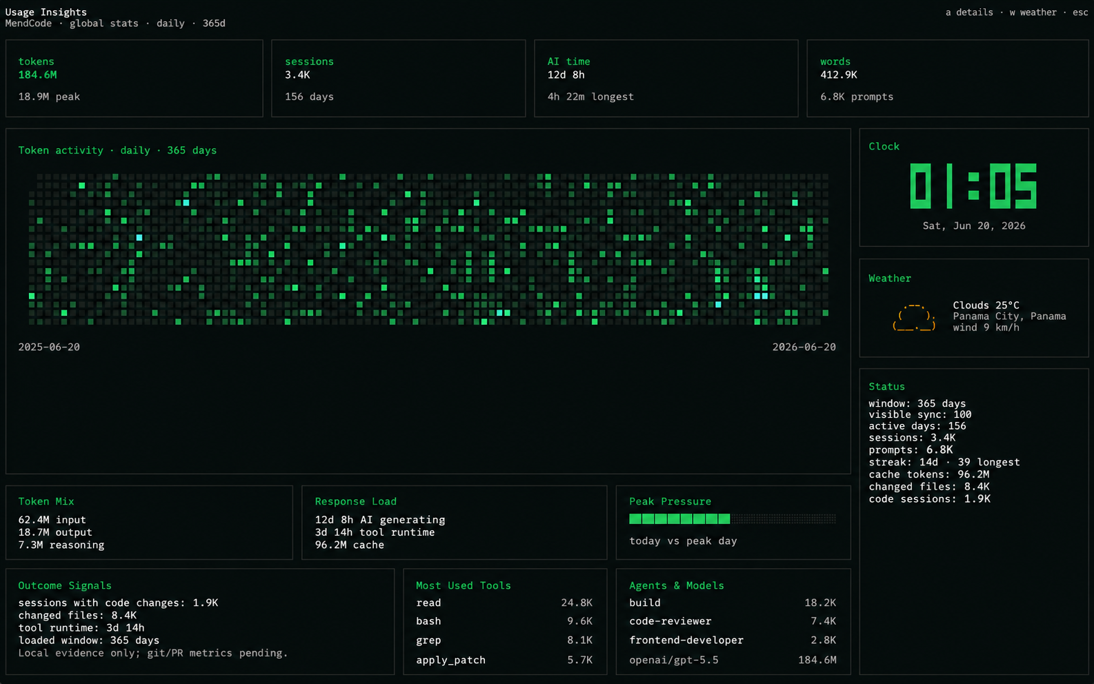 MendCode Usage Insights dashboard showing token activity, sessions, tools, agents, models, and local daily usage