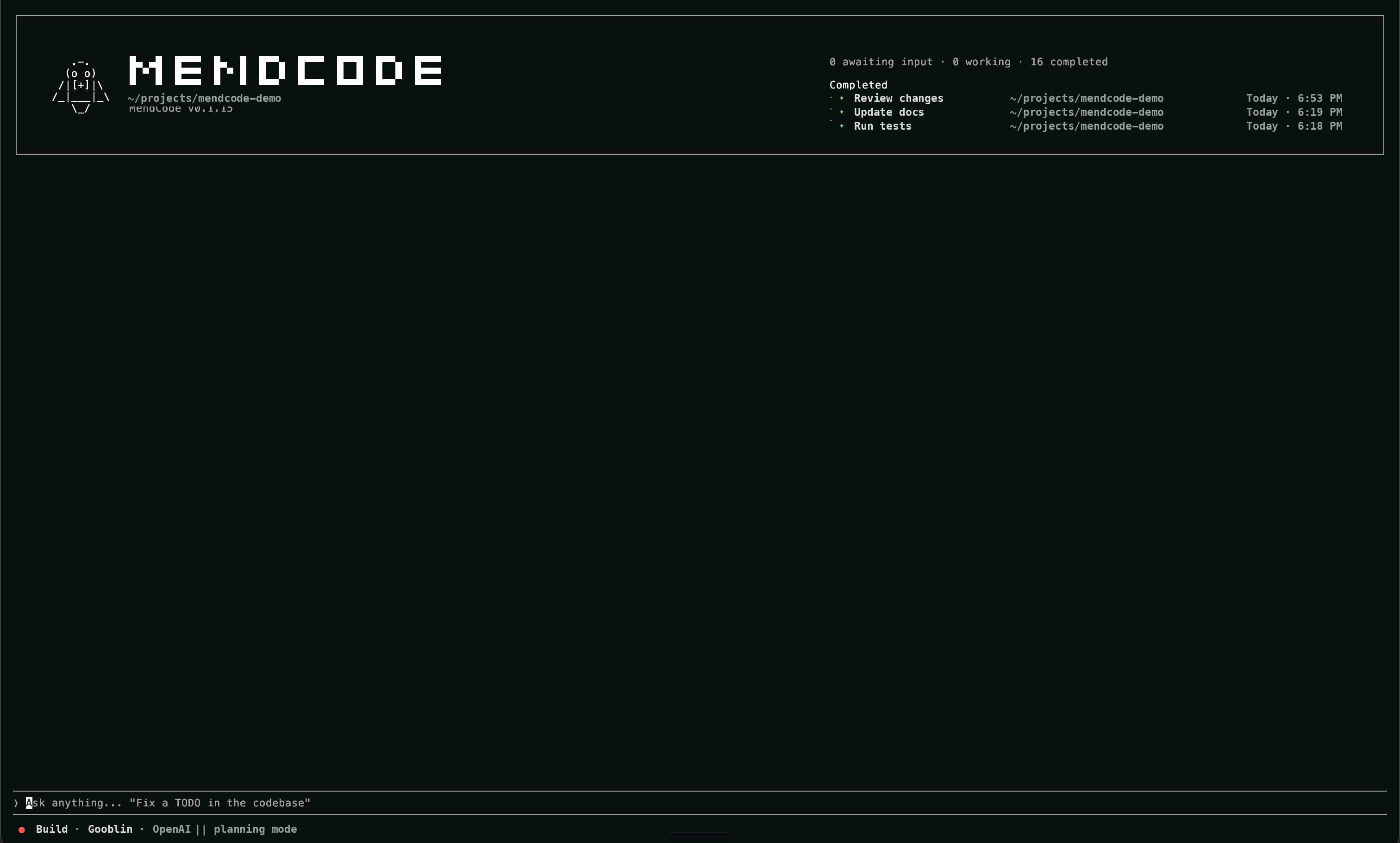 MendCode customized Agent View home
